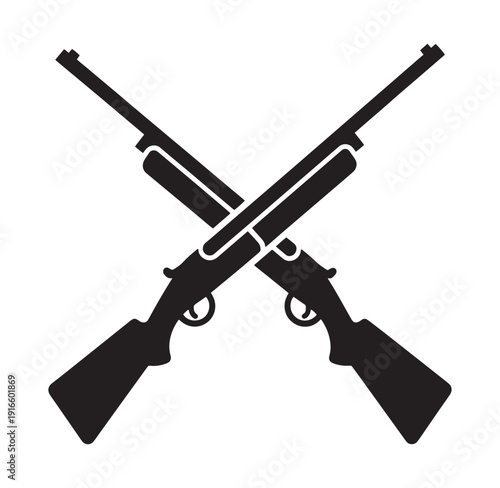 Two crossed rifles in black silhouette on white background  hunting and shooting concept