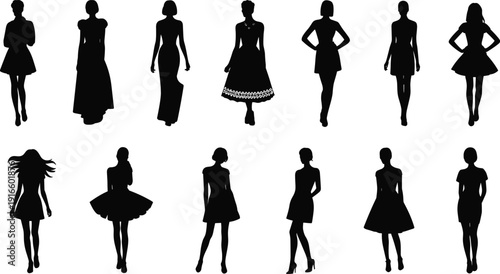 Elegant Women Silhouettes in Dresses Vector Collection, Fashion Model Female Figures Isolated on White Background for Boutique, Apparel and Style Design