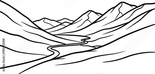 Simple black and white line art drawing illustrates a winding river or road cutting through a vast mountain valley landscape