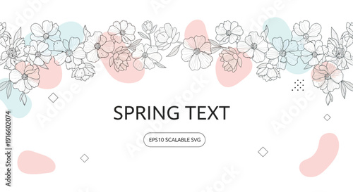 Delicate line art floral border design featuring stylized blossoms with subtle pastel color accents perfect for elegant seasonal decoration or invitations