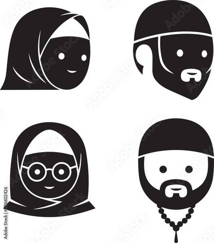 Four stylized illustrations of people wearing headscarves and helmets