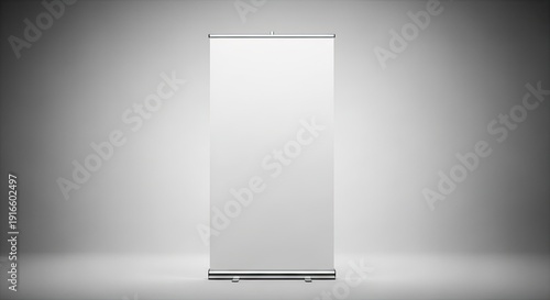 Blank white roll-up banner stand for advertising or information display, studio lighting on a clean background