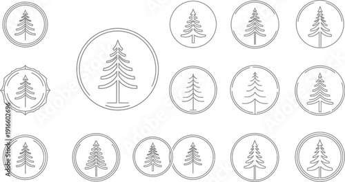 Collection of minimalist line art icons featuring various stylized pine trees enclosed within circular and unique decorative frames for nature branding.