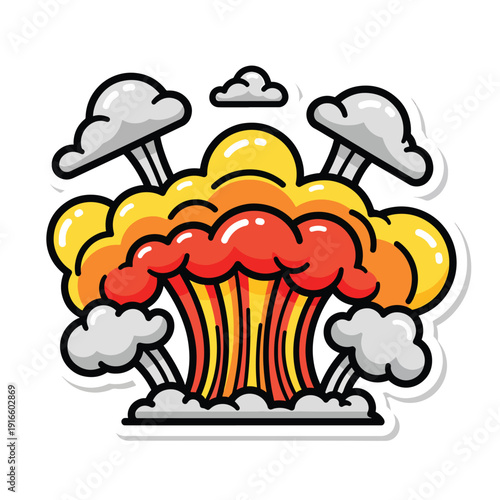 Volcanic eruption with explosion clouds, smoke, and fire from a landform, viewed from the front with vibrant colors