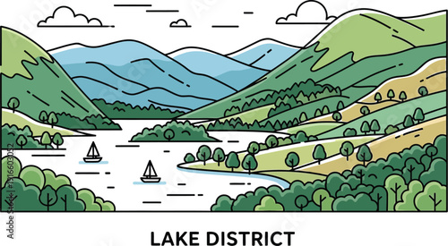Stylized illustration captures the serene beauty of the Lake District national park featuring rolling green hills and tranquil waters with small sailboats.