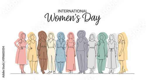 Diverse group of women standing together celebrating the spirit and solidarity of international women's day with line art drawing