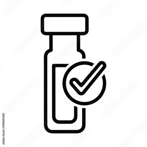A medical vial or vaccine bottle with a check mark indicating verified pharmaceutical product safety and clinical testing