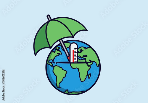 Global warming protection umbrella and thermometer on planet Earth.