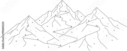 Minimalist line art illustration depicts a winding mountain trail suggesting a challenging but rewarding journey toward the highest peak