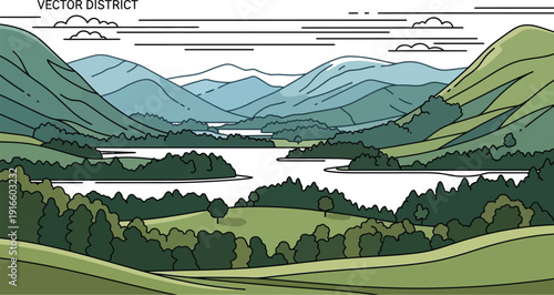 Stylized vector landscape illustration featuring rolling green hills surrounding a tranquil body of water nestled among distant blue mountains under a cloudy sky