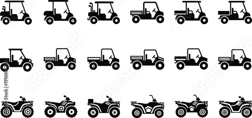 Black silhouette set of various utility vehicles including golf carts and all terrain atv quads for recreation off road transport and industrial site concepts