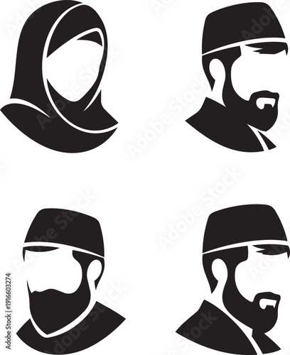 Four head silhouettes of bearded men and a woman wearing a headscarf
