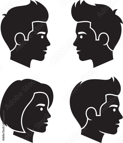 Four stylized human head silhouettes facing right in profile