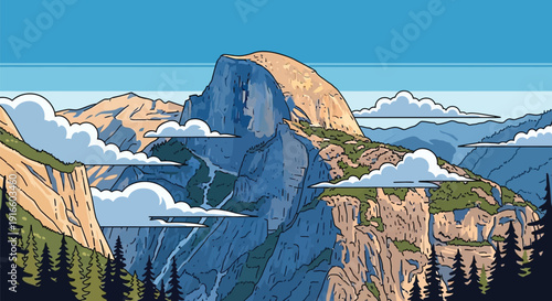 Stylized graphic illustration depicts the iconic Half Dome mountain rising majestically above the clouds and surrounding forest landscape in Yosemite National Park.