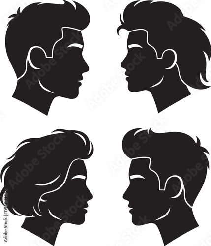 Four silhouettes of men and women with short hair facing right side