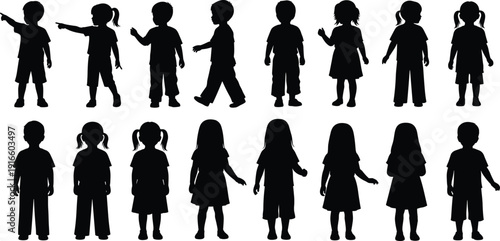 Collection of black silhouettes of diverse children and toddlers standing and pointing in various poses for school, education, childhood development and community group concepts