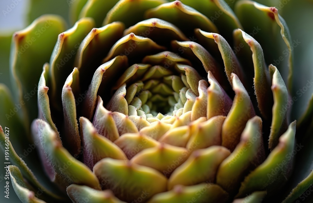 Fototapeta premium Macro photo of succulent plant center with spiraling green leaves. Natural geometric pattern shows organic growth. Healthy edible plant shows botanical texture.