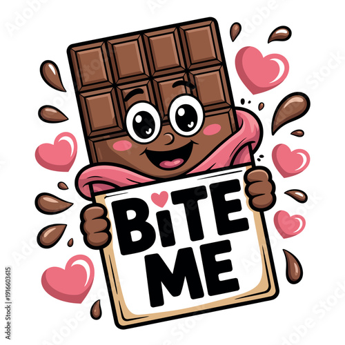 A cartoon chocolate bar holding a sign that says Bite Me