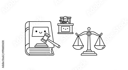 Whimsical law concept with book, gavel, judge, and scales in minimalist design style