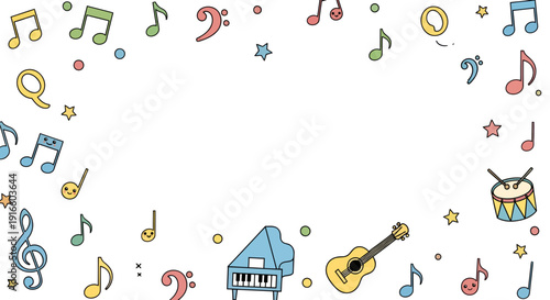 Whimsical musical illustration with instrument doodles and a cheerful playful arrangement