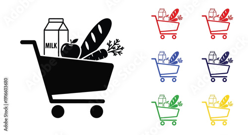 Grocery shopping icons depicting food and carts in a black silhouette