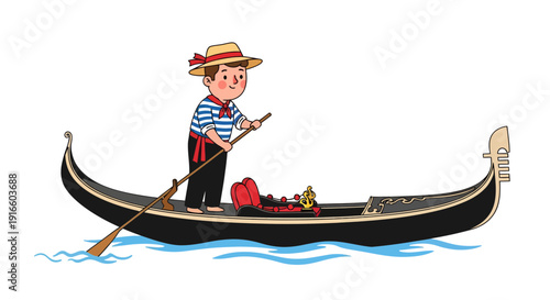 Whimsical venetian gondola scene with a charming gondolier on the canal waters