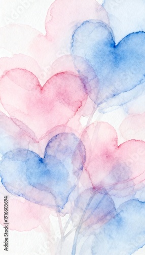 Watercolor hearts on a white background. Semi-realistic scene emphasizing soft pigments, gentle blending, and a light, romantic artistic feel.
