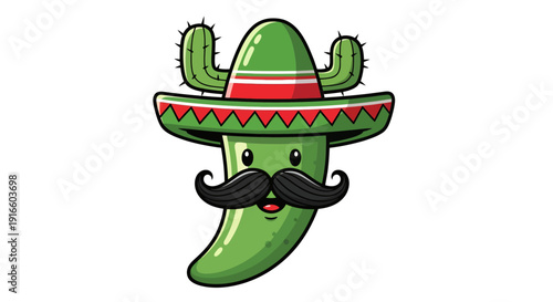 Whimsical illustration featuring a cartoon cactus adorned with sombrero and mustache