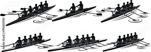 Silhouette illustration of rowing teams in boats with oars, synchronized movement, water ripples, teamwork, coordination, and athletic effort across multiple configurations from two to eight rowers
