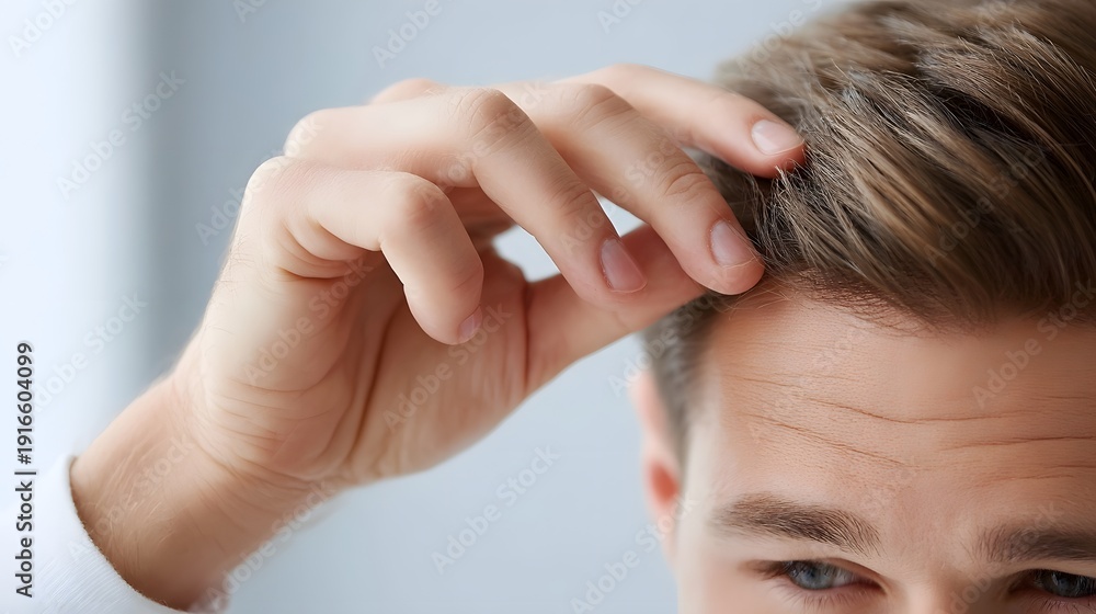 Fototapeta premium A ro close up shows fingers parting dark hair to examine the scalp highlighting skin texture against a clean blurred background