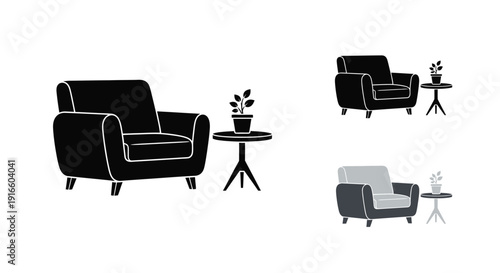 Black furniture set with plant depicted in a bold silhouette