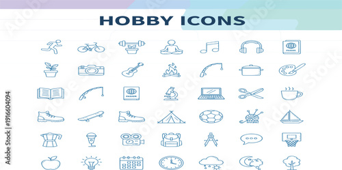 Hobby Icon Set with Sports, Music, Travel, Cooking, Reading and Creative Activity Symbols for Lifestyle, Leisure and Free Time Design
