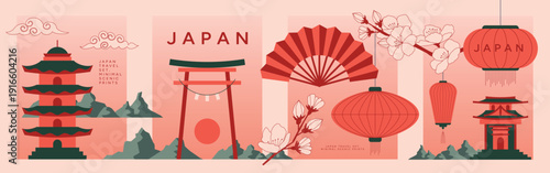 Japan Travel Banner Set, Pagoda Temple, Torii Gate, Sakura Blossoms, Folding Fan, Red Lantern, Mountains and Sun. Minimal Scenic Prints, Flat Vector Illustration