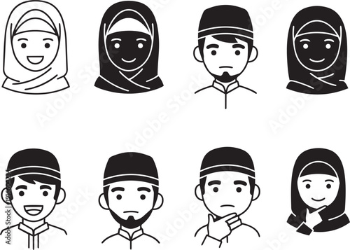 Diverse group of people wearing headscarves and caps smiling and expressing emotions.