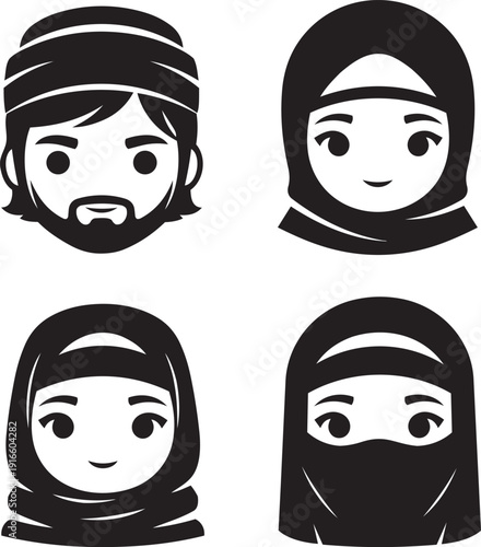 Four cartoon-style illustrations of people wearing headscarves and niqabs on faces