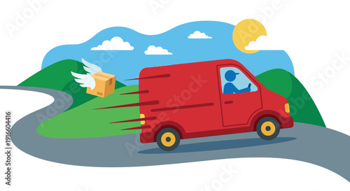 red delivery van speeding along a winding mountain road with motion lines. fun vector illustration for fast shipping, express delivery, logistics, or e-commerce themes.