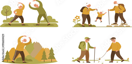 Senior People Outdoor Activity Illustration Set with Elderly Walking, Hiking, Stretching and Family Time Scenes for Healthy Lifestyle Concept Design
