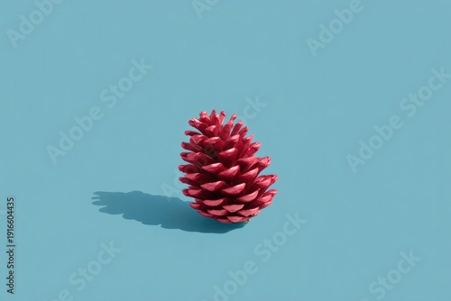 Brightly colored pine cone stands out against soft blue backgrou