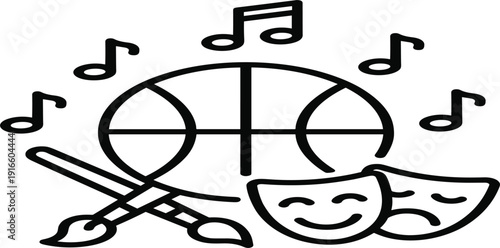 Performing Arts Icon with Theater Masks, Music Notes, Dance and Painting Symbols for Creative Education and Entertainment Design