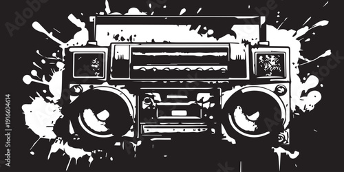 Black silhouette vector set featuring a vintage retro radio cassette player alongside a transport illustration of a cargo truck and locomotive machine