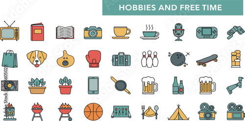 Hobbies and Free Time Icon Set with Leisure Activities, Sports, Music, Cooking, Gaming and Entertainment Symbols for Lifestyle Design