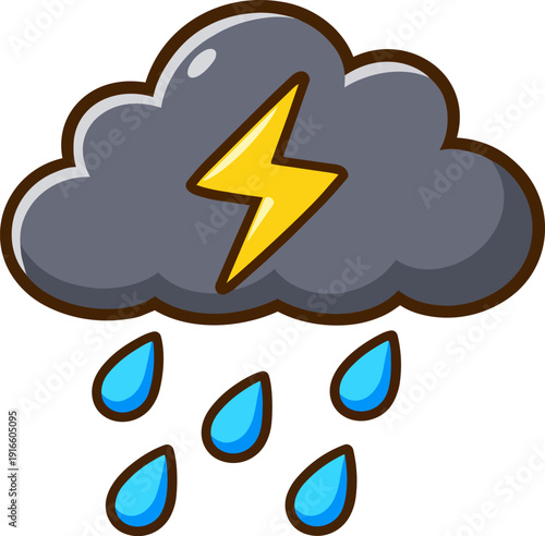 Dark storm cloud with lightning bolt and raindrops. Flat vector weather icon isolated on white background.