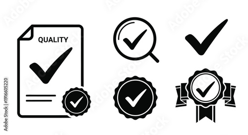 Quality assurance icons with checks and seals black silhouette