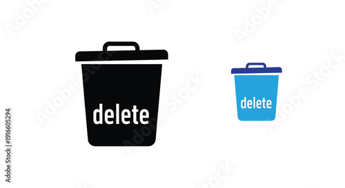 Two trash cans with delete text a bold black silhouette