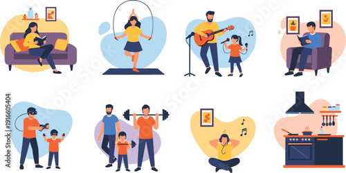 Title: Family Daily Activity Illustration Set with Parents and Kids Exercising, Reading, Cooking, Music and Home Lifestyle Scenes for Modern Life Design