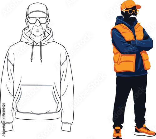 Streetwear Fashion Vector Illustration – Hoodie, Cap, Sunglasses, and Puffer Vest Casual Style Icons for Urban, Modern, and Creative Projects