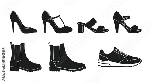 Various footwear styles displayed in a striking black silhouette