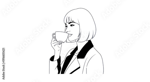 Woman drinking coffee, bob haircut, outlined illustration, simple line art, white background