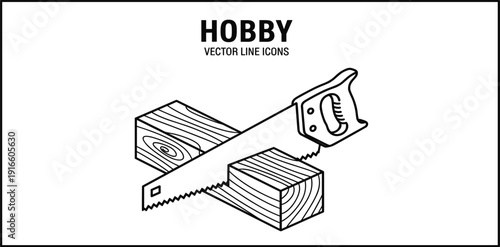 Carpentry Hobby Line Icon with Hand Saw and Wooden Planks Illustration for Woodworking, DIY Craft, and Home Improvement Concept
