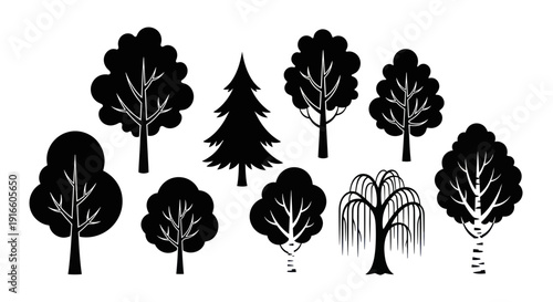 Diverse Tree Silhouettes Collection - Black and White Vector Graphics